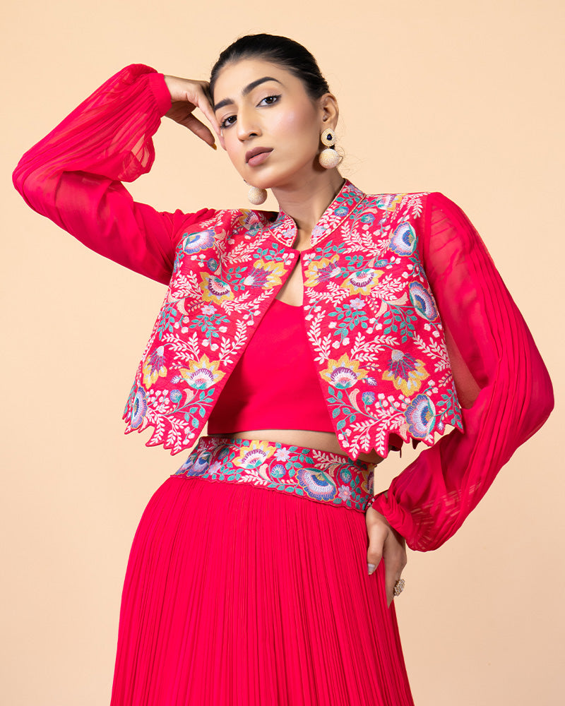 Vibrant Cherry Red Skirt with Hand-Embroidered Cropped Floral Jacket