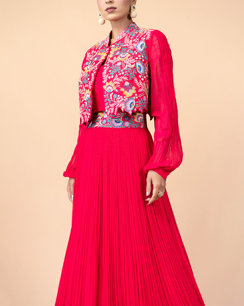 Vibrant Cherry Red Skirt with Hand-Embroidered Cropped Floral Jacket