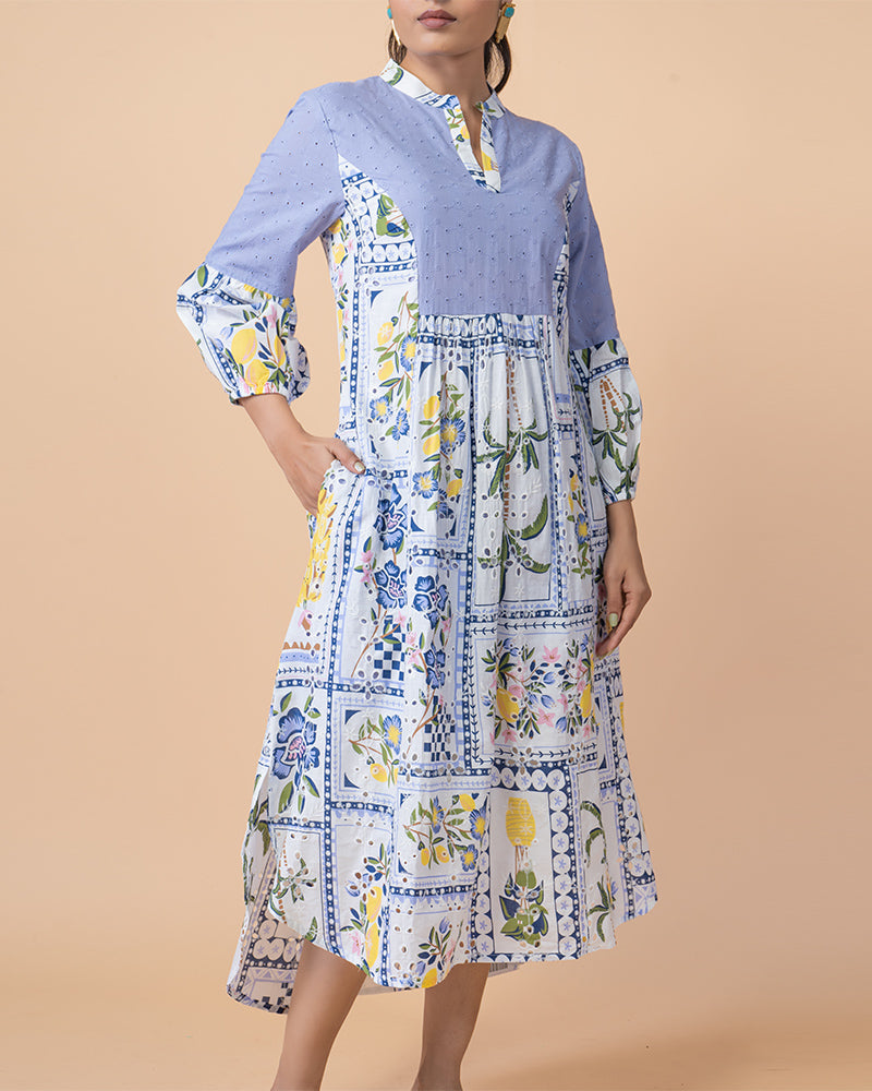 Vibrant Floral Print Dress with Intricate Embroidery