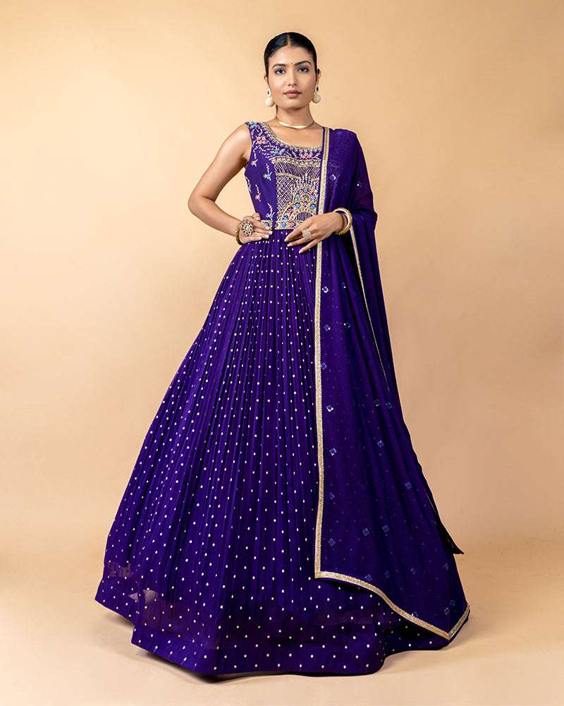 Violet Embroidered Anarkali Suit with Net Dupatta