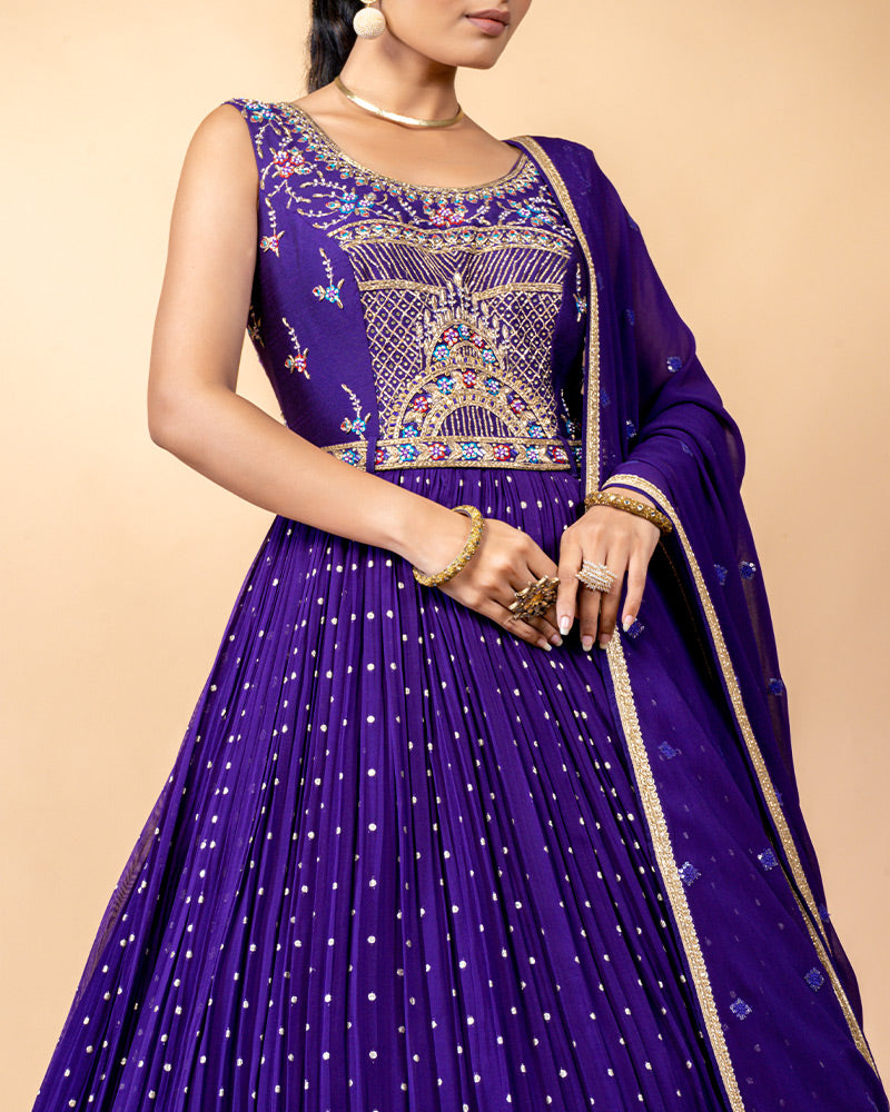 Violet Embroidered Anarkali Suit with Net Dupatta