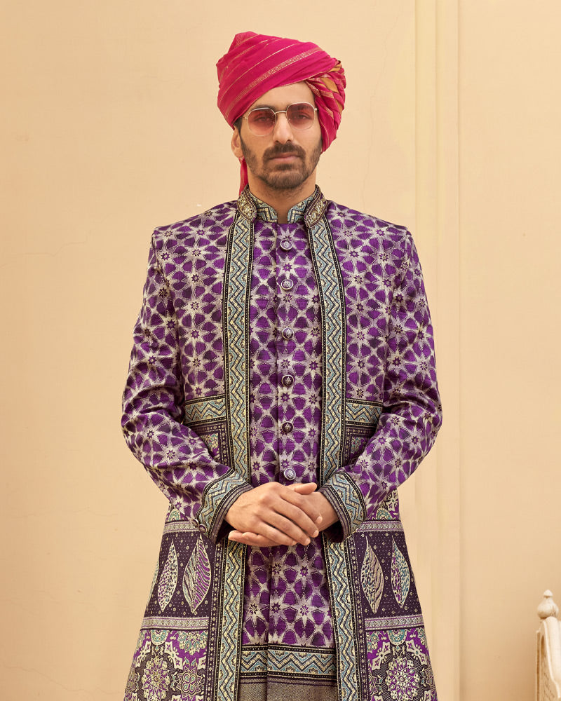 Violet lehenga Set and Men Kurta Set with Printed Coat