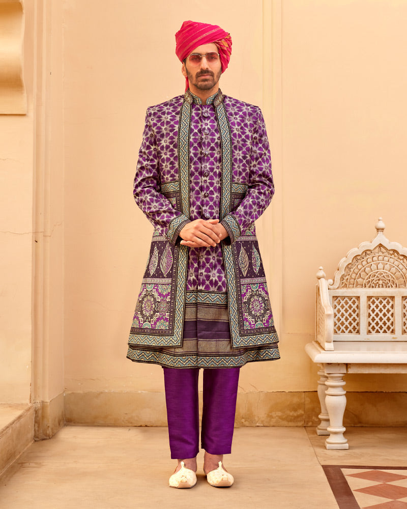 Violet lehenga Set and Men Kurta Set with Printed Coat