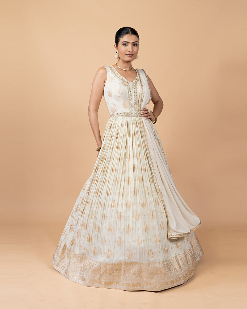 White Anarkali Suit with Zari Work and Chiffon Dupatta