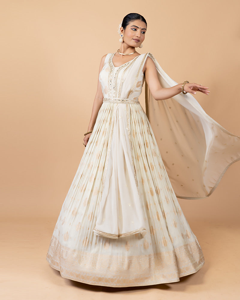 White Anarkali Suit with Zari Work and Chiffon Dupatta