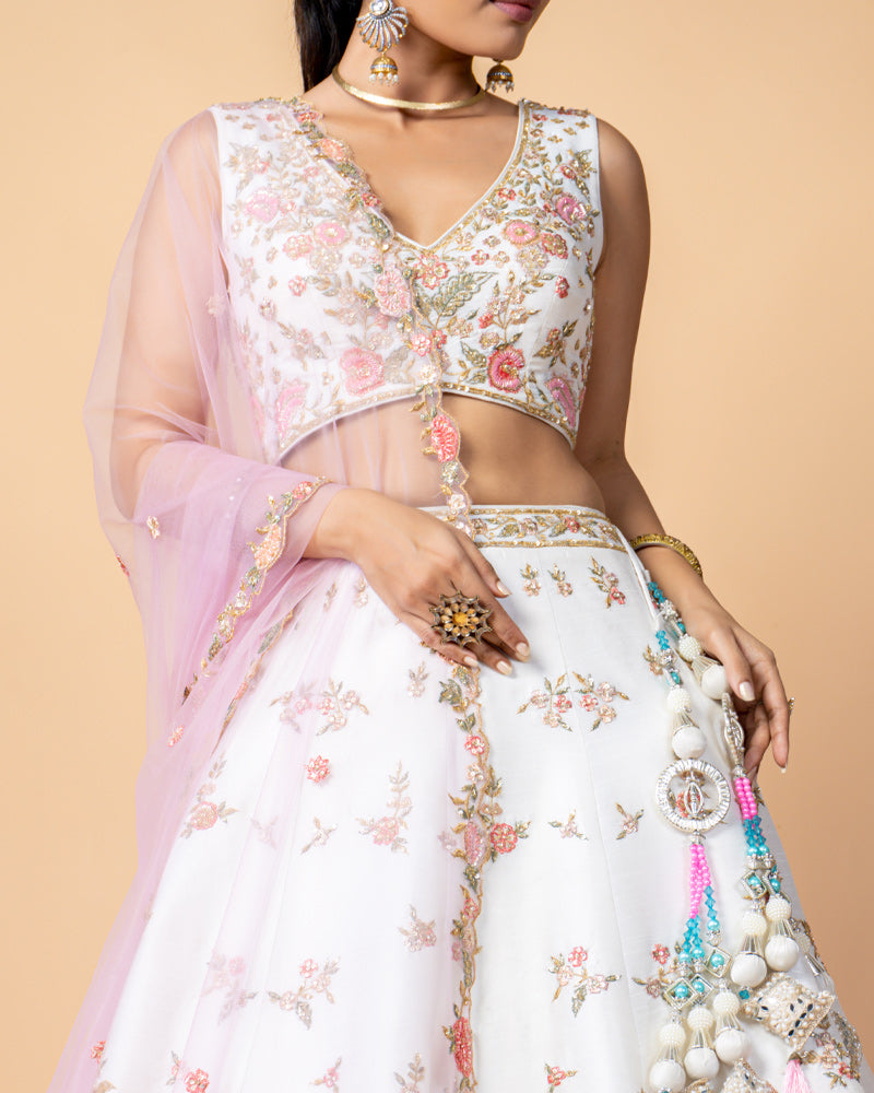 White Designer Embroidered Lehenga Choli with Net Dupatta