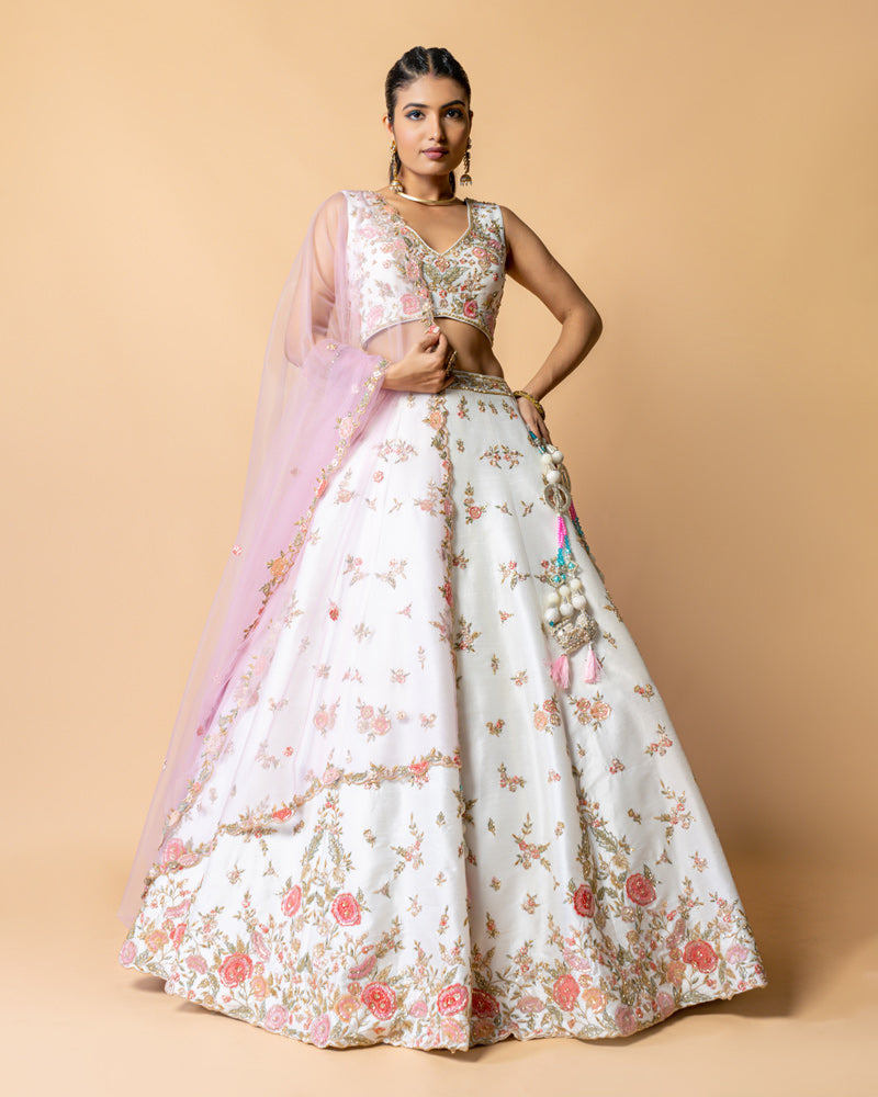 White Designer Embroidered Lehenga Choli with Net Dupatta