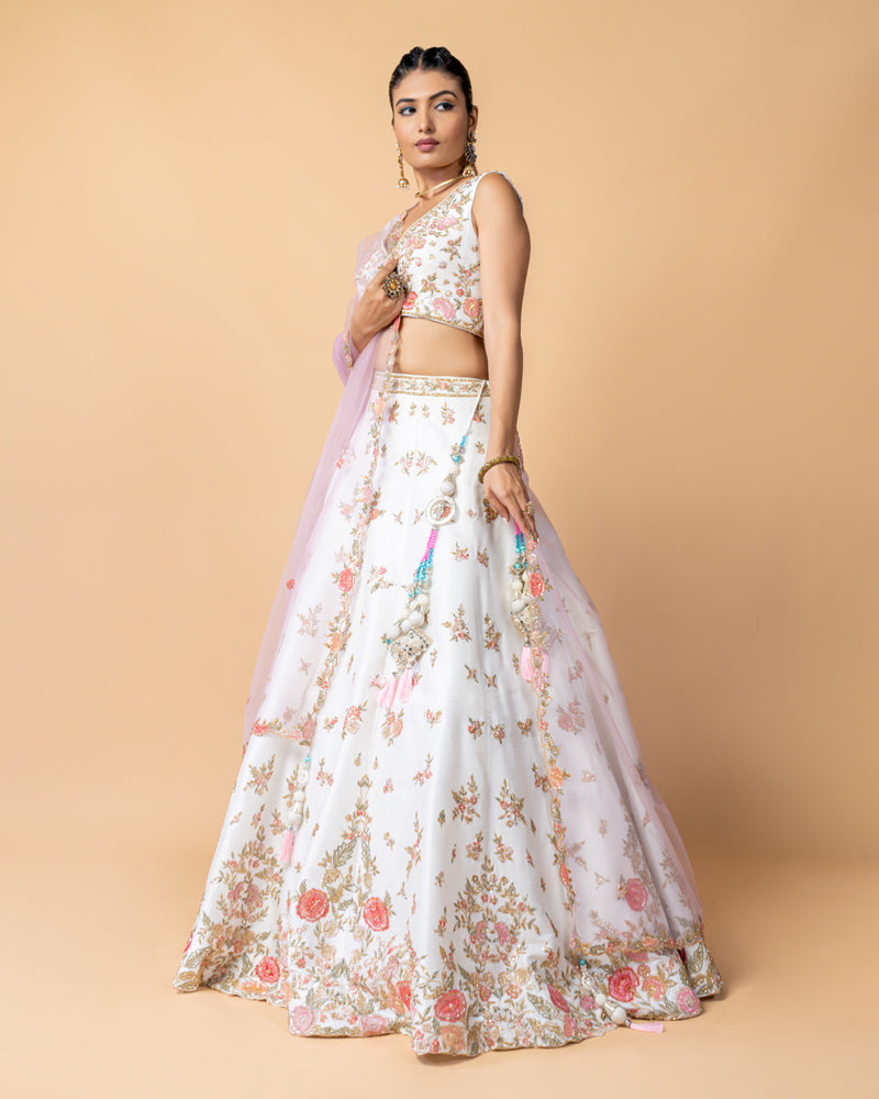 White Designer Embroidered Lehenga Choli with Net Dupatta