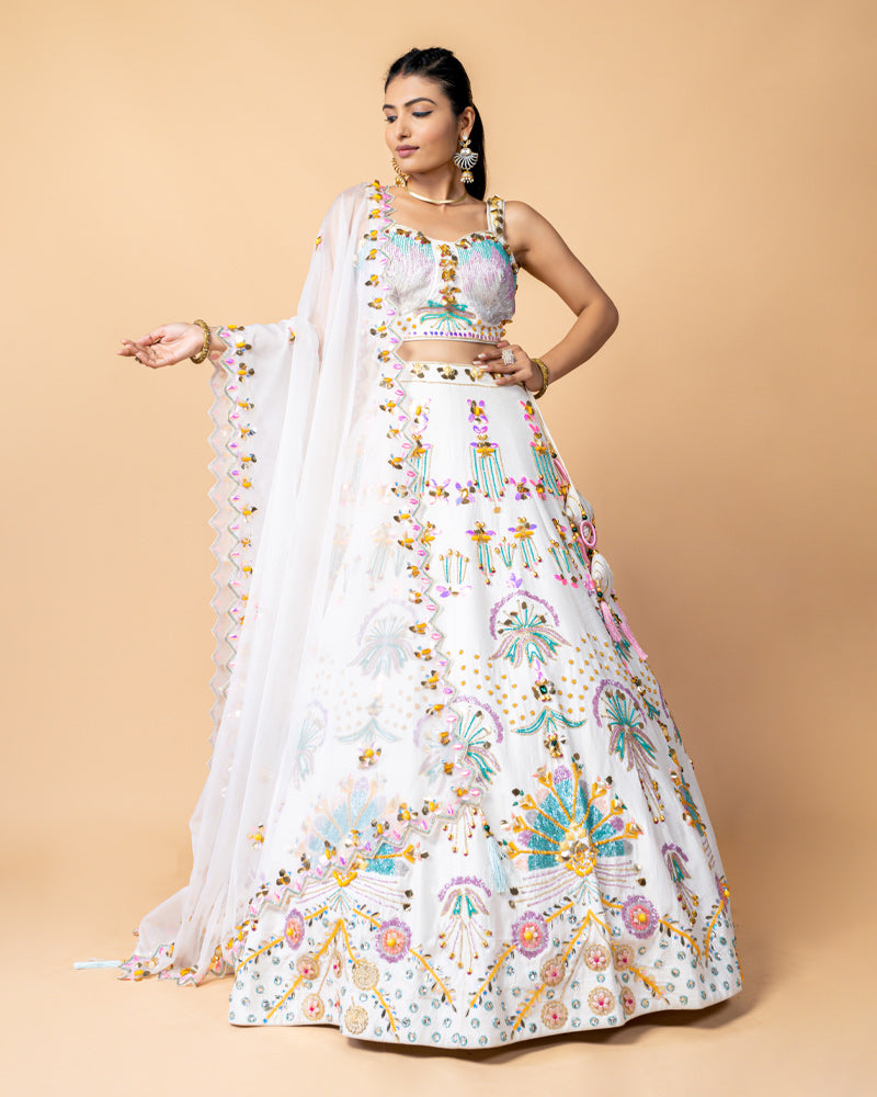 White Designer Embroidered Lehenga Choli with Zardozi Work Net Dupatta