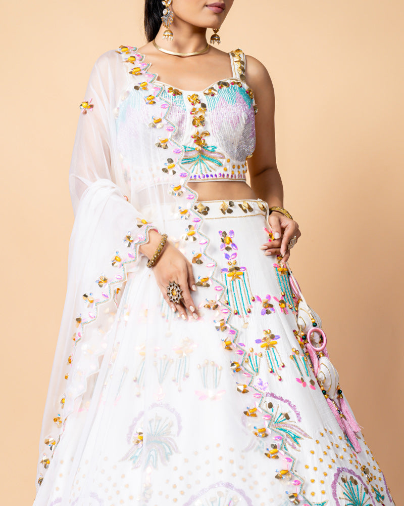 White Designer Embroidered Lehenga Choli with Zardozi Work Net Dupatta