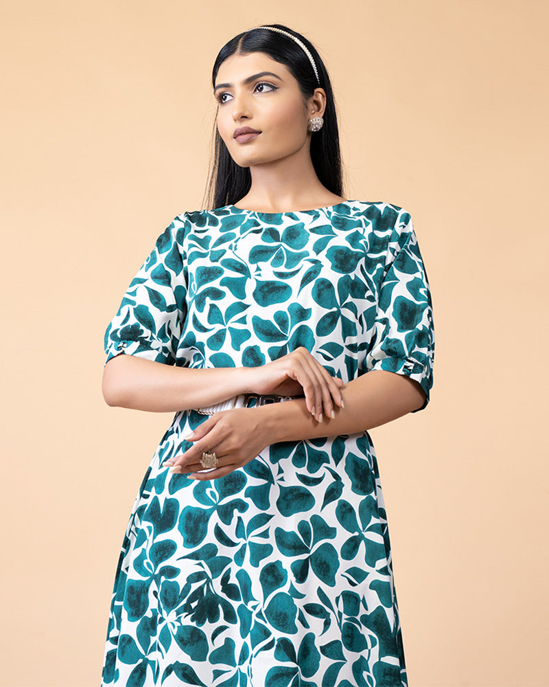 White Dress with Teal Floral Print and Coordinating Belt