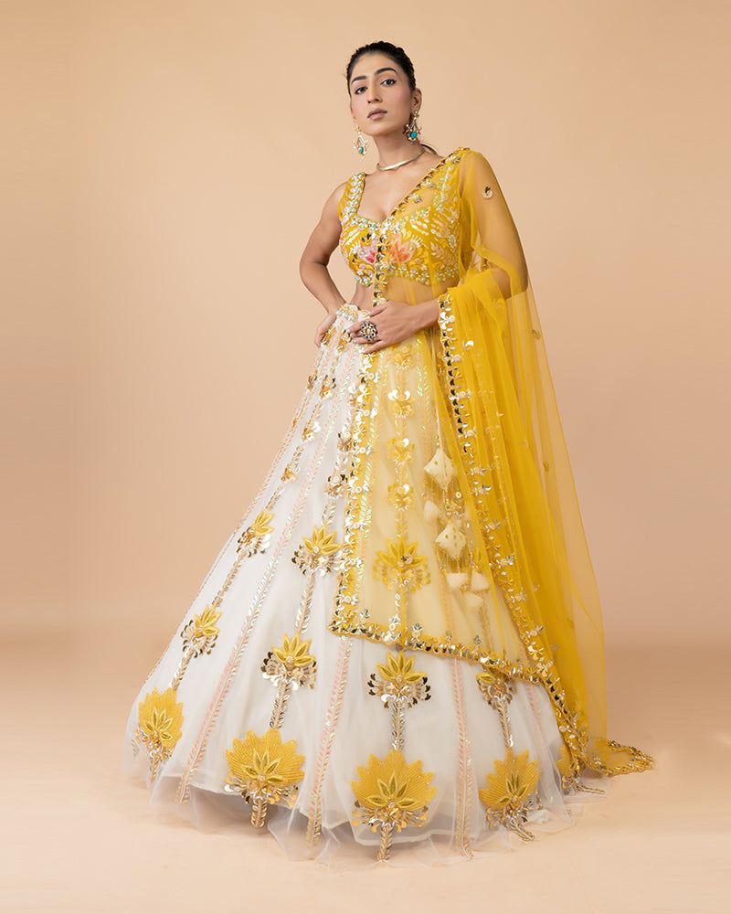 White Floral Handwork Lehenga Choli with yellow Net Dupatta