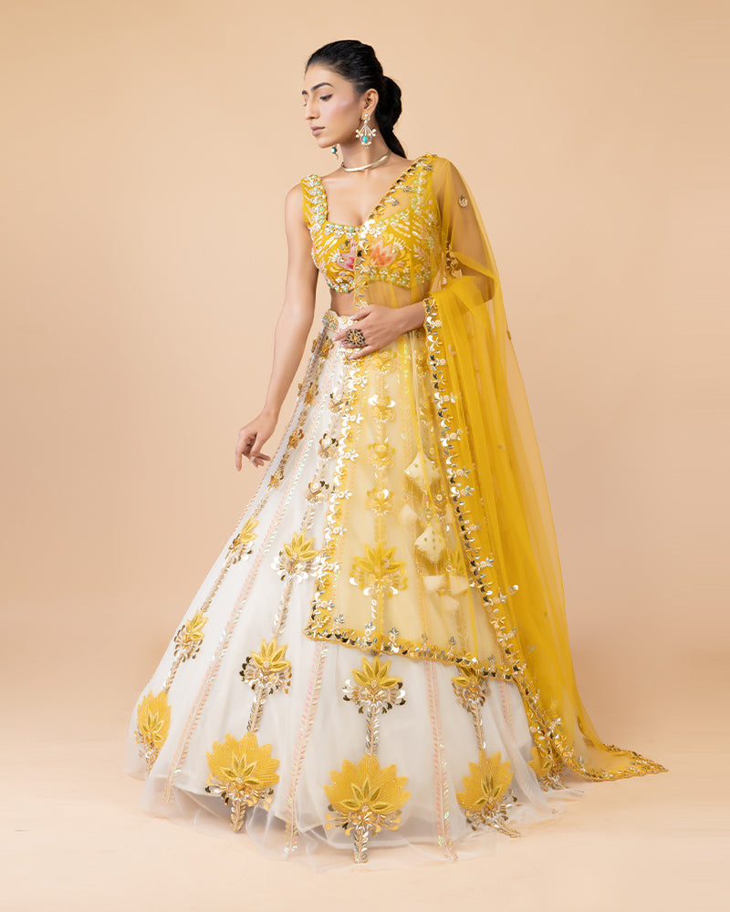 White Floral Handwork Lehenga Choli with yellow Net Dupatta