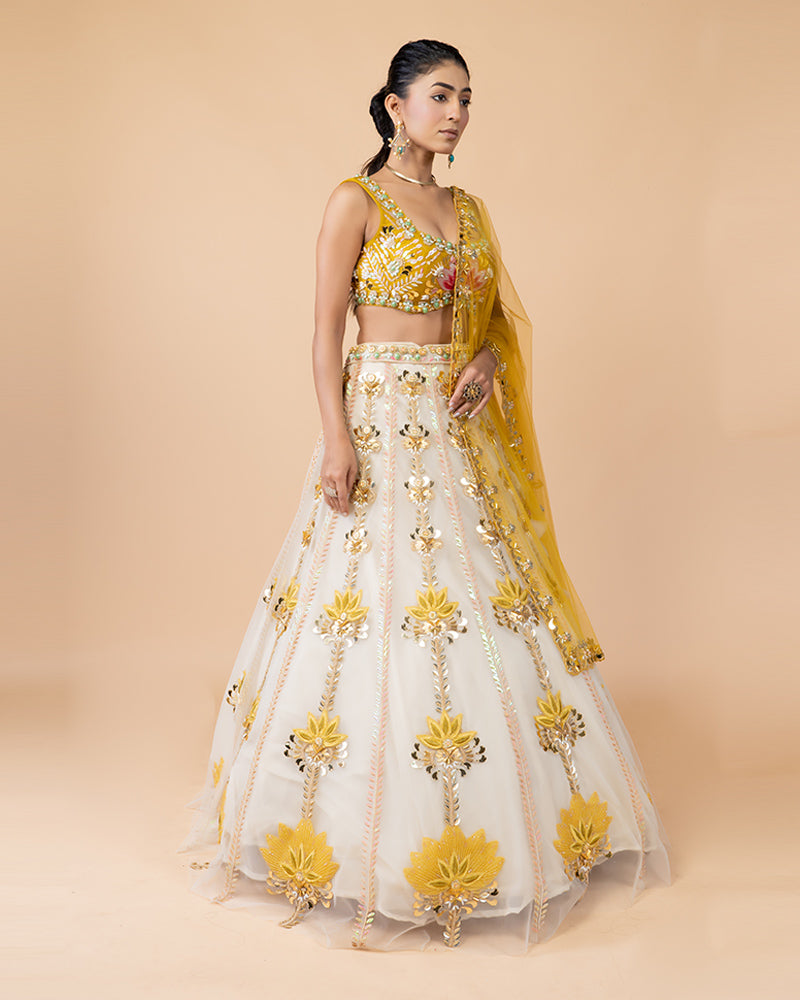 White Floral Handwork Lehenga Choli with yellow Net Dupatta