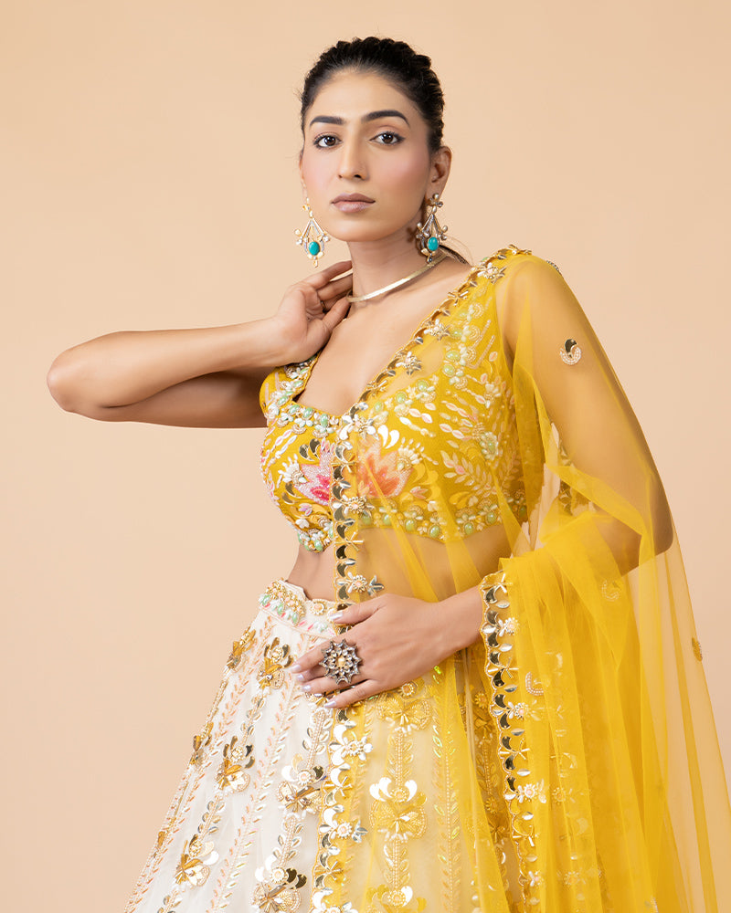 White Floral Handwork Lehenga Choli with yellow Net Dupatta