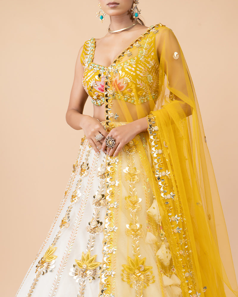 White Floral Handwork Lehenga Choli with yellow Net Dupatta