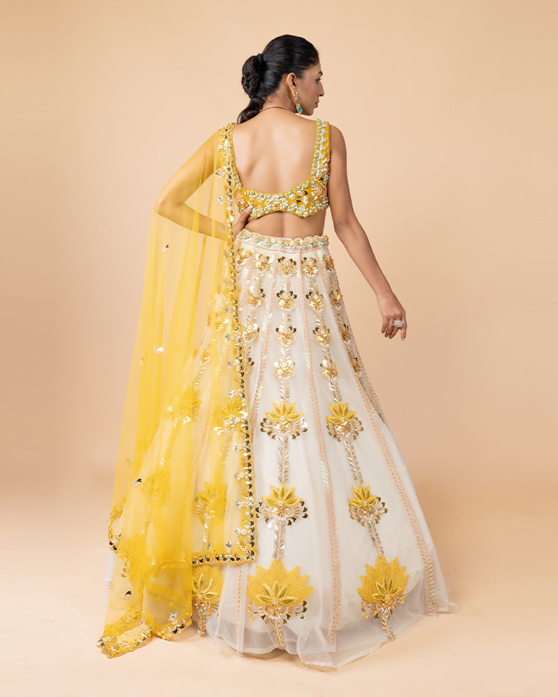 White Floral Handwork Lehenga Choli with yellow Net Dupatta