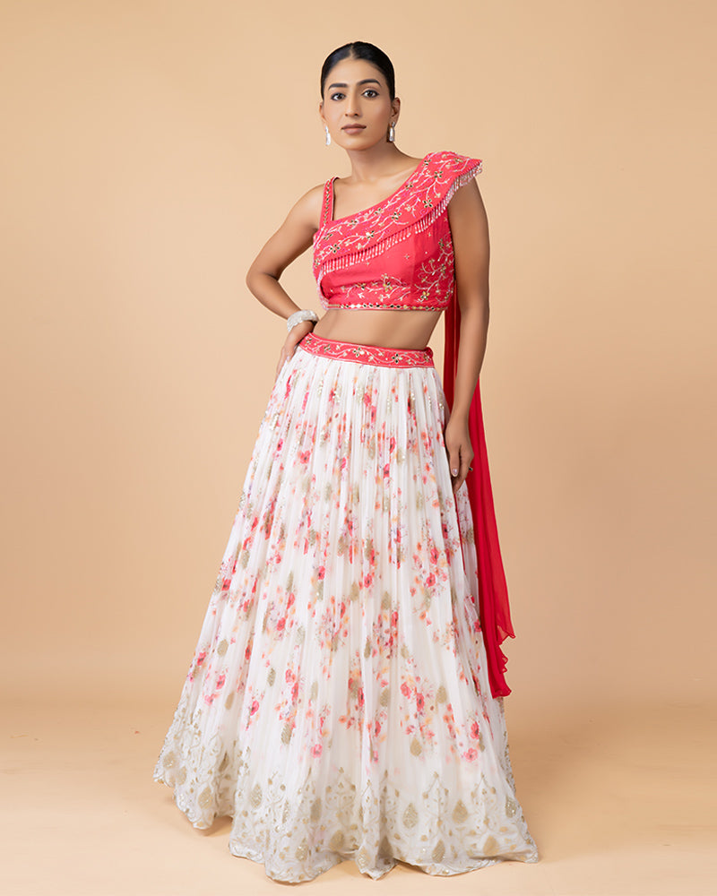 White Floral Print Skirt with Elegant Top and Draped Dupatta