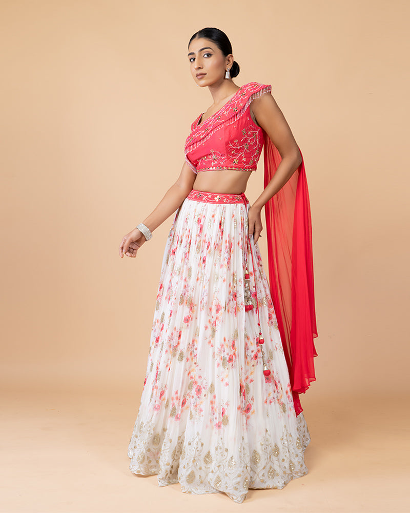 White Floral Print Skirt with Elegant Top and Draped Dupatta