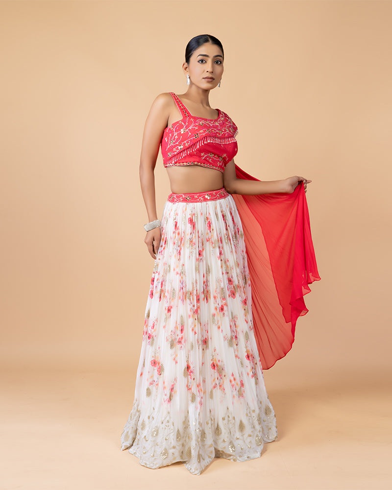 White Floral Print Skirt with Elegant Top and Draped Dupatta