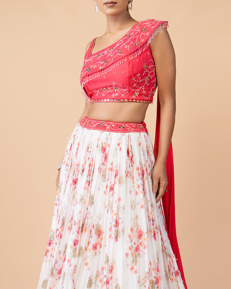 White Floral Print Skirt with Elegant Top and Draped Dupatta