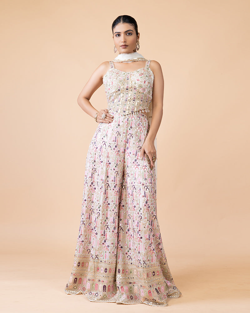 White Palazzo with Crop Top Featuring Heavy Multicolor Embroidery