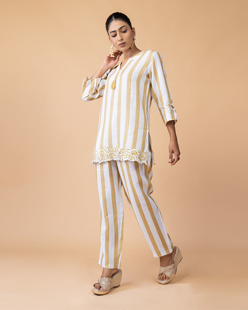 White Top with Golden Stripes and Embroidered Border, Paired with Matching Pants