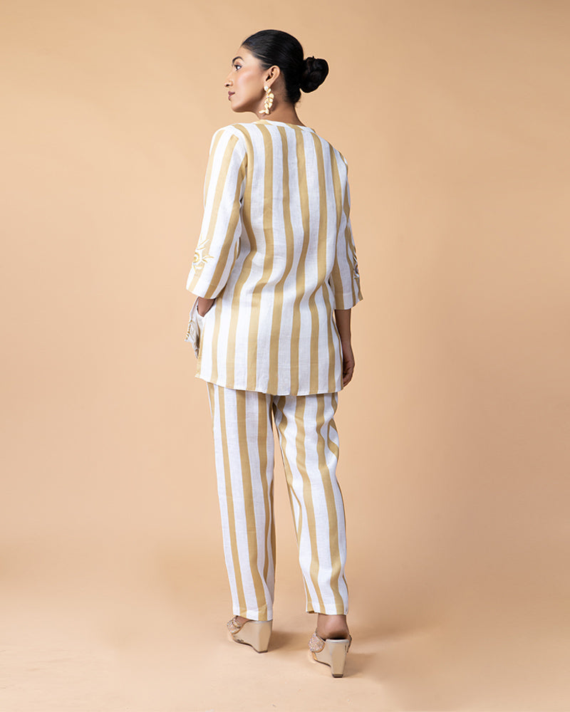 White Top with Golden Stripes and Embroidered Border, Paired with Matching Pants