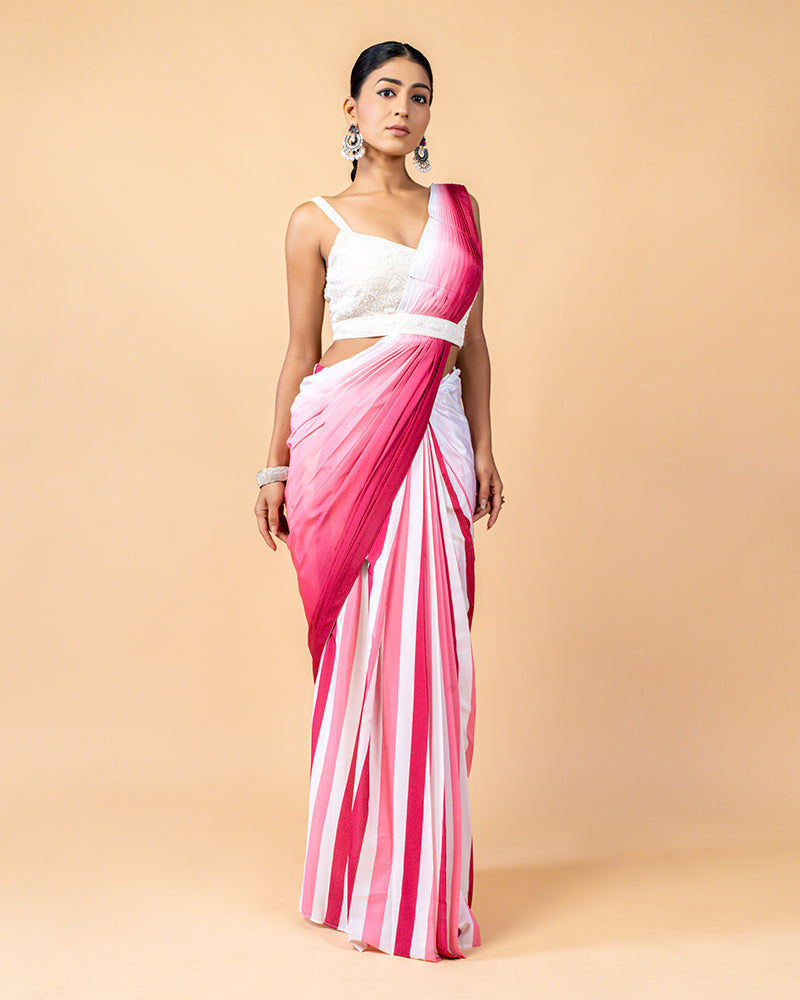 White and Pink Shade Ready-to-Wear Saree