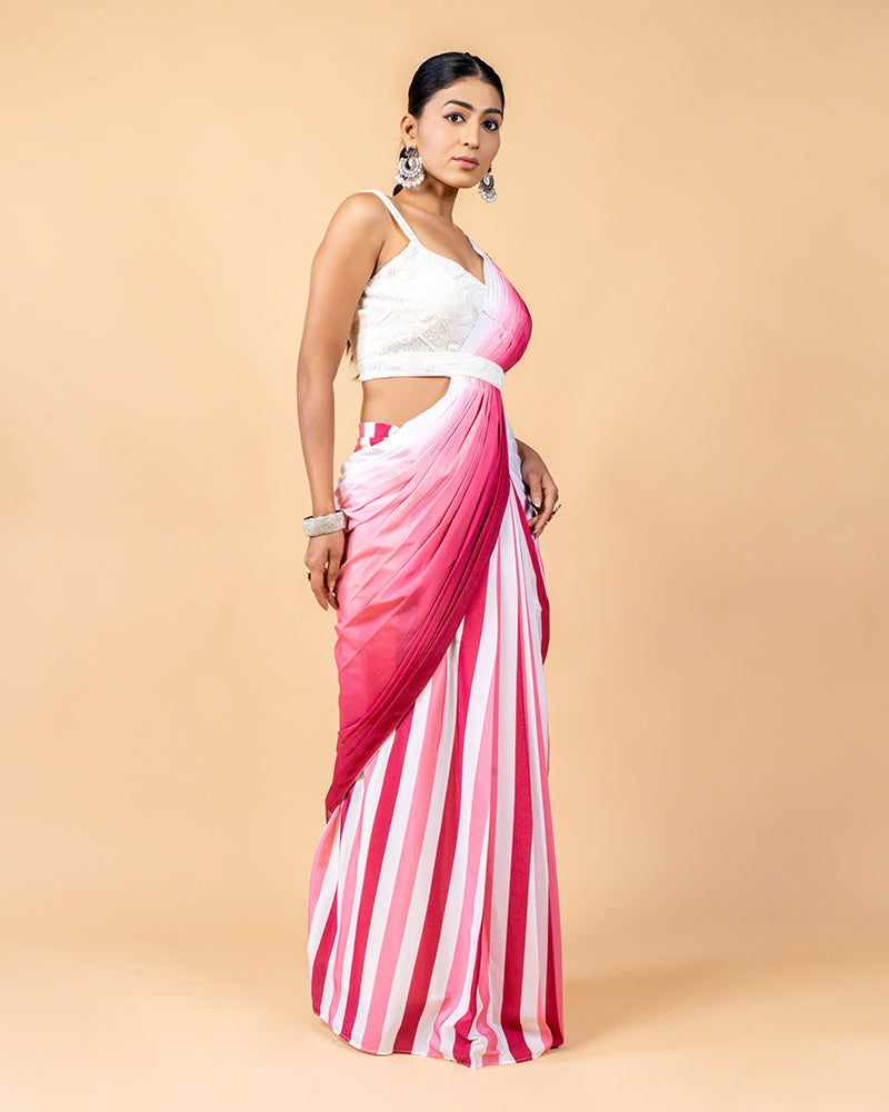 White and Pink Shade Ready-to-Wear Saree