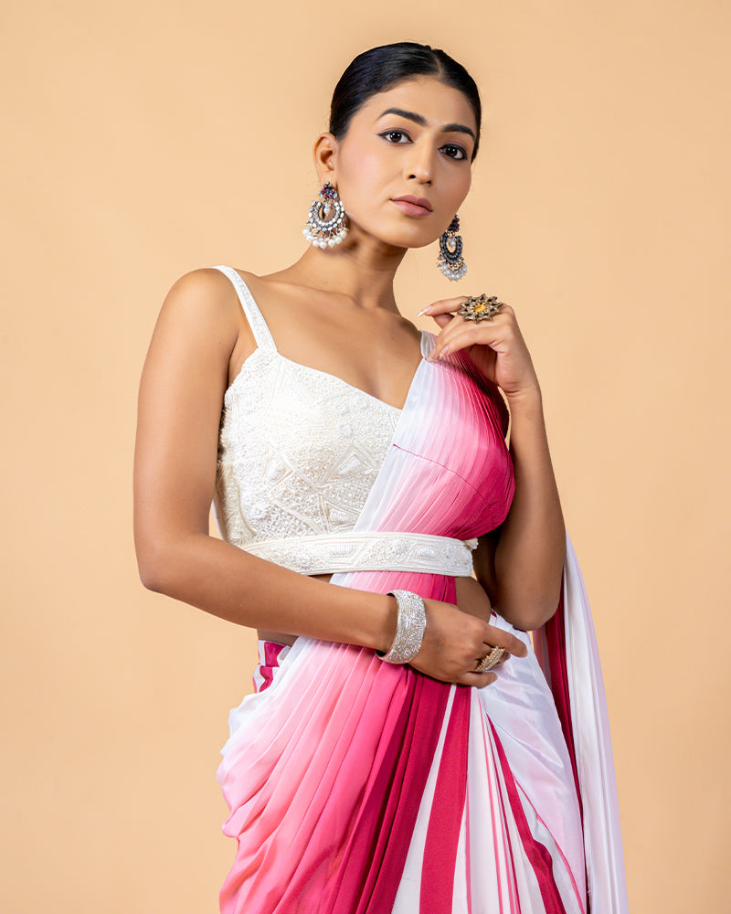 White and Pink Shade Ready-to-Wear Saree