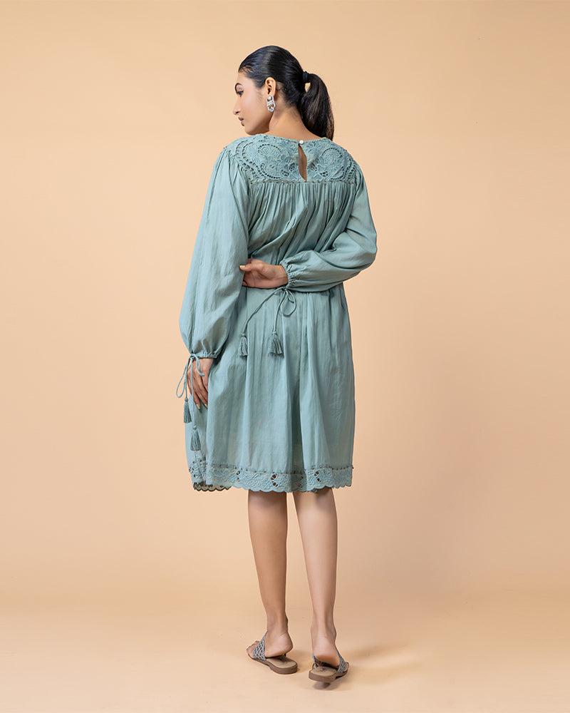 Women’s Teal Cotton Flared Dress With Embroidery Neck Design