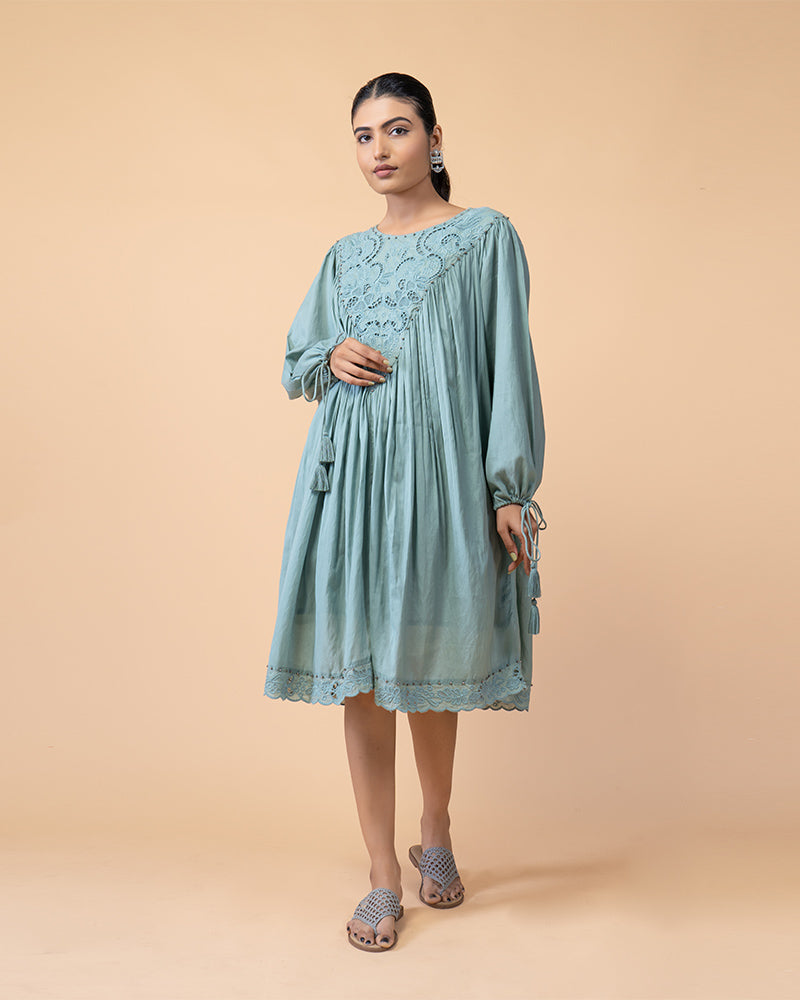 Women’s Teal Cotton Flared Dress With Embroidery Neck Design