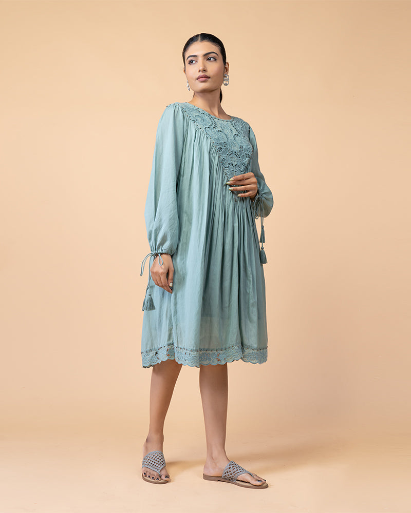 Women’s Teal Cotton Flared Dress With Embroidery Neck Design