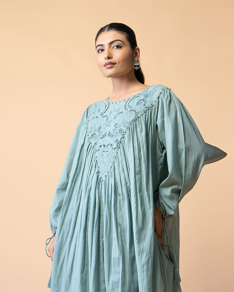 Women’s Teal Cotton Flared Dress With Embroidery Neck Design