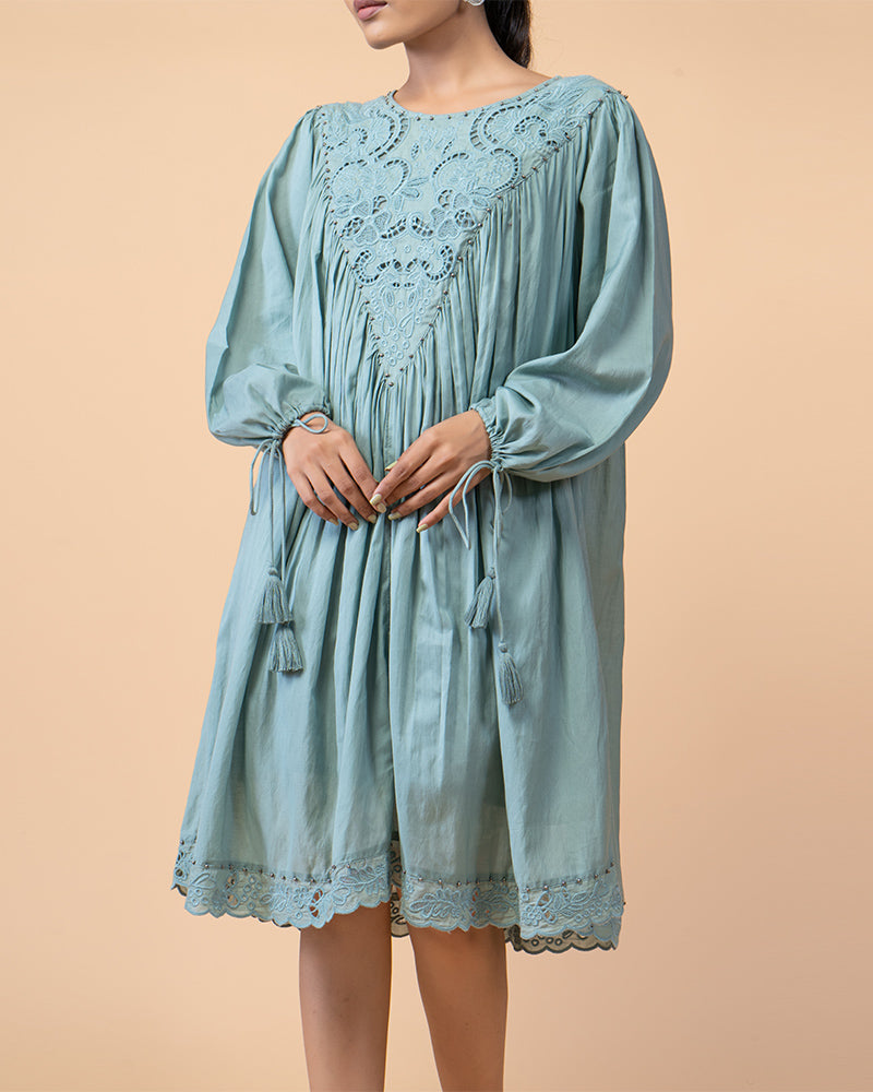 Women’s Teal Cotton Flared Dress With Embroidery Neck Design