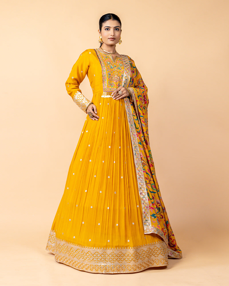 Yellow Anarkali Suit with Floral Printed Embroidery Dupatta