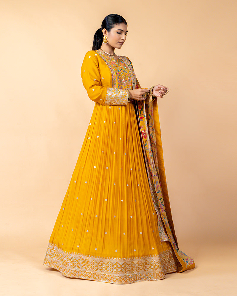 Yellow Anarkali Suit with Floral Printed Embroidery Dupatta