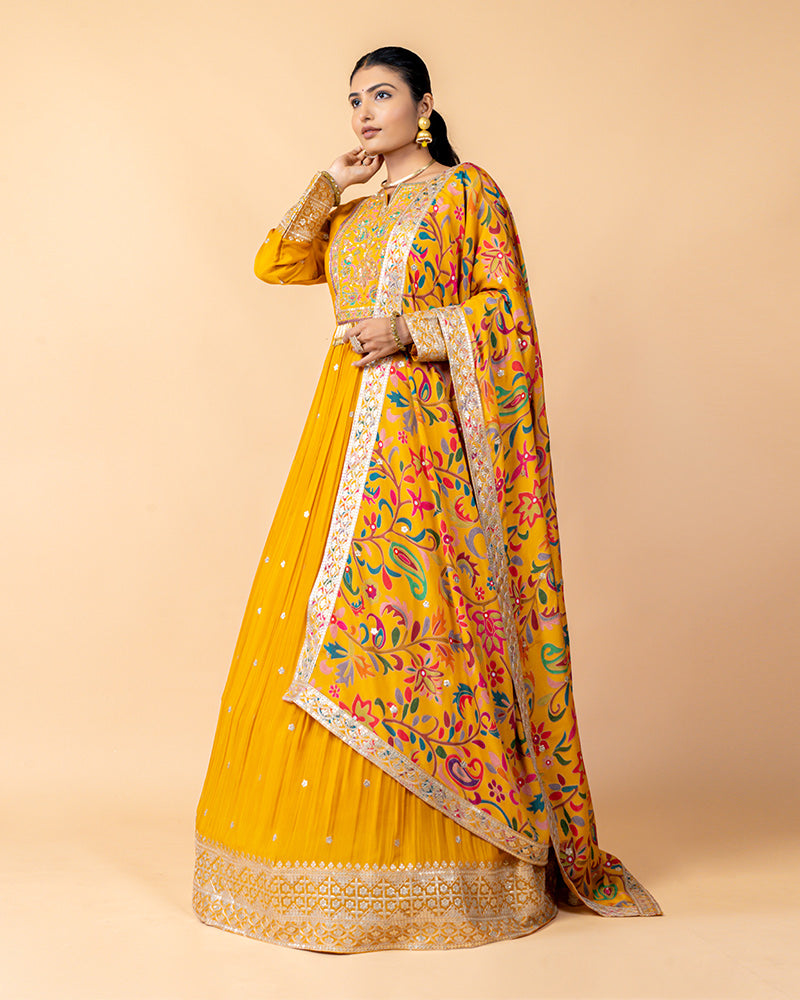 Yellow Anarkali Suit with Floral Printed Embroidery Dupatta