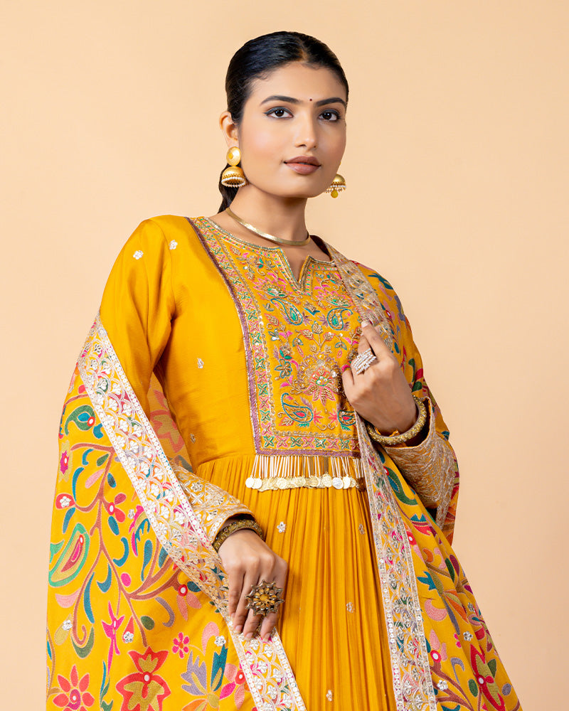 Yellow Anarkali Suit with Floral Printed Embroidery Dupatta