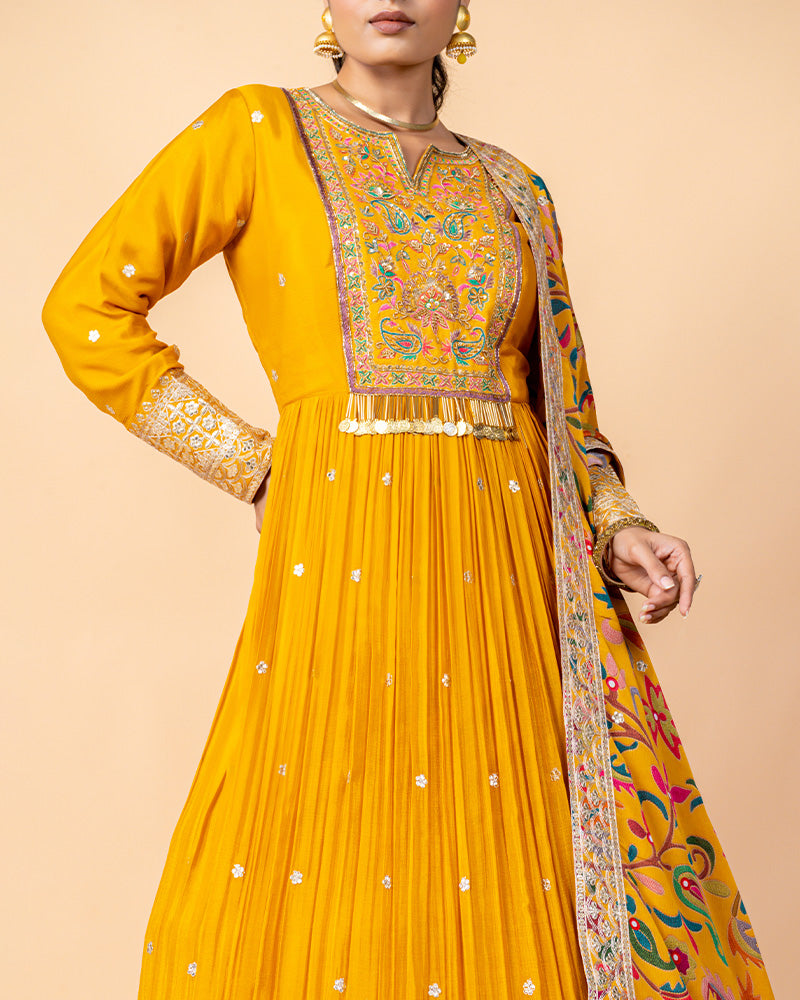 Yellow Anarkali Suit with Floral Printed Embroidery Dupatta