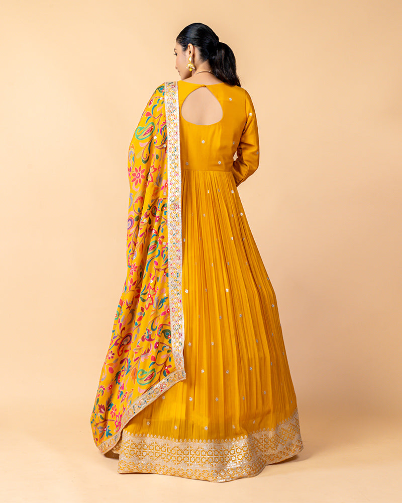 Yellow Anarkali Suit with Floral Printed Embroidery Dupatta