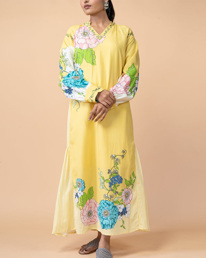 Yellow Cotton Printed Long dress for Effortless Style