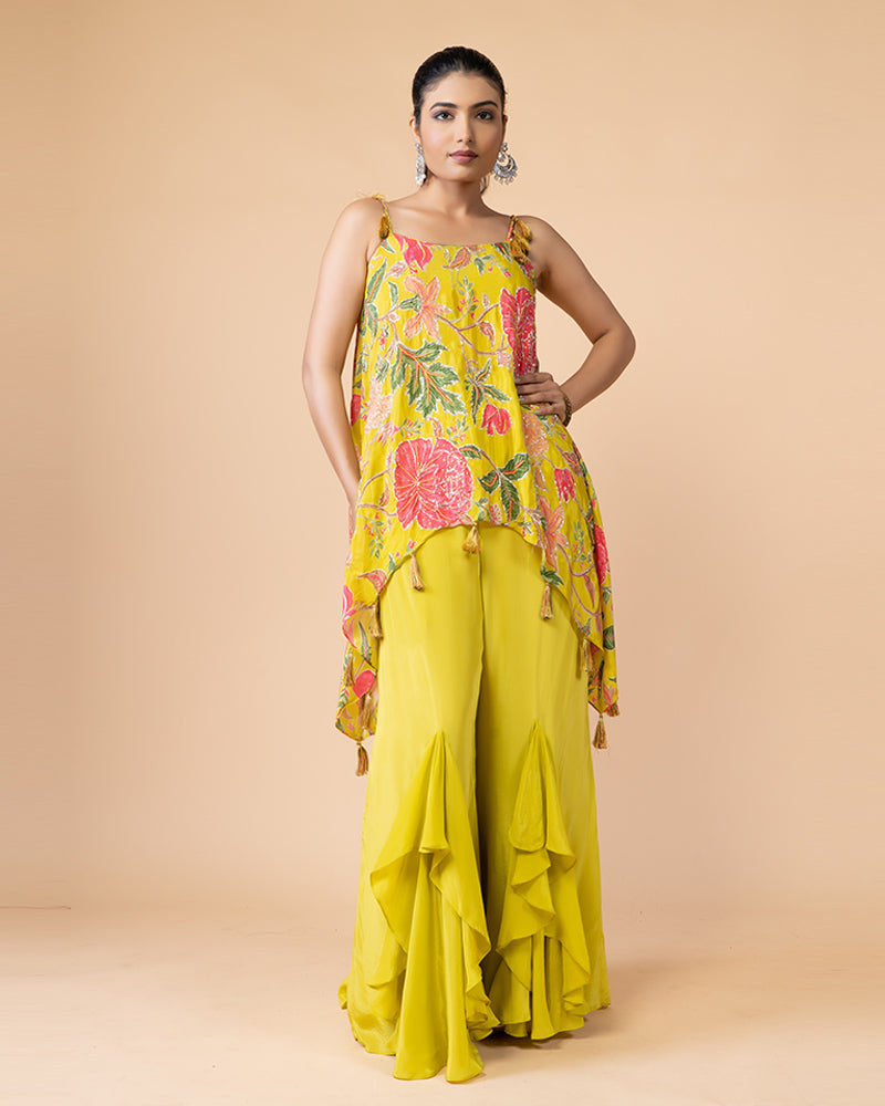 Yellow Draped Palazzo with Printed Plum Top