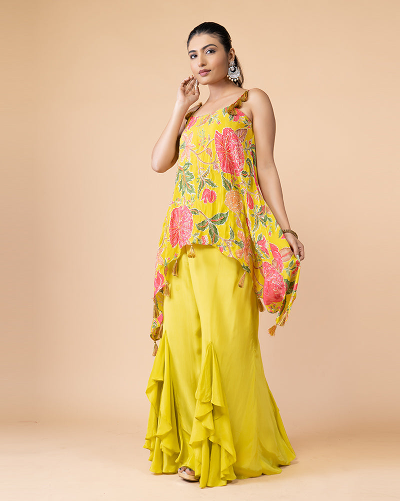 Yellow Draped Palazzo with Printed Plum Top