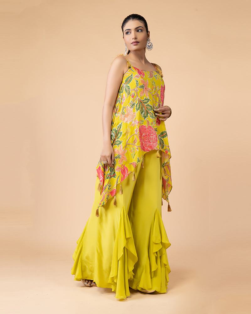 Yellow Draped Palazzo with Printed Plum Top