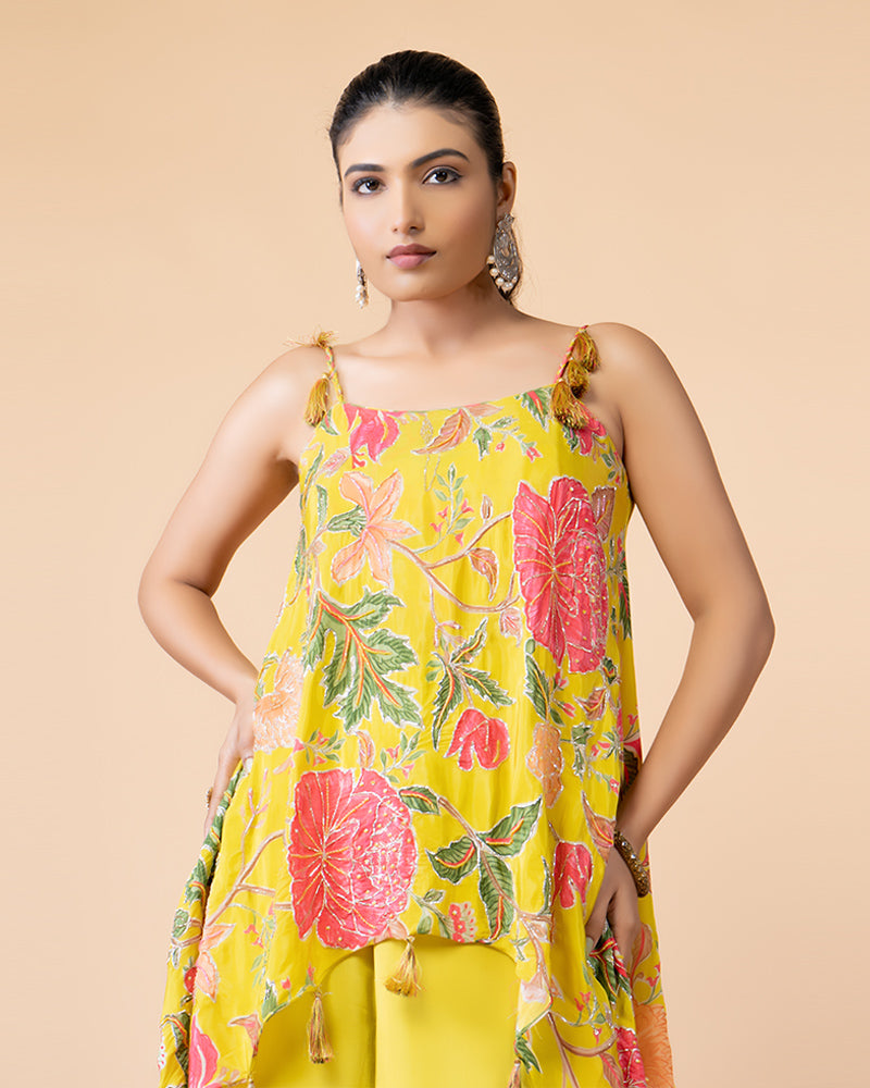 Yellow Draped Palazzo with Printed Plum Top