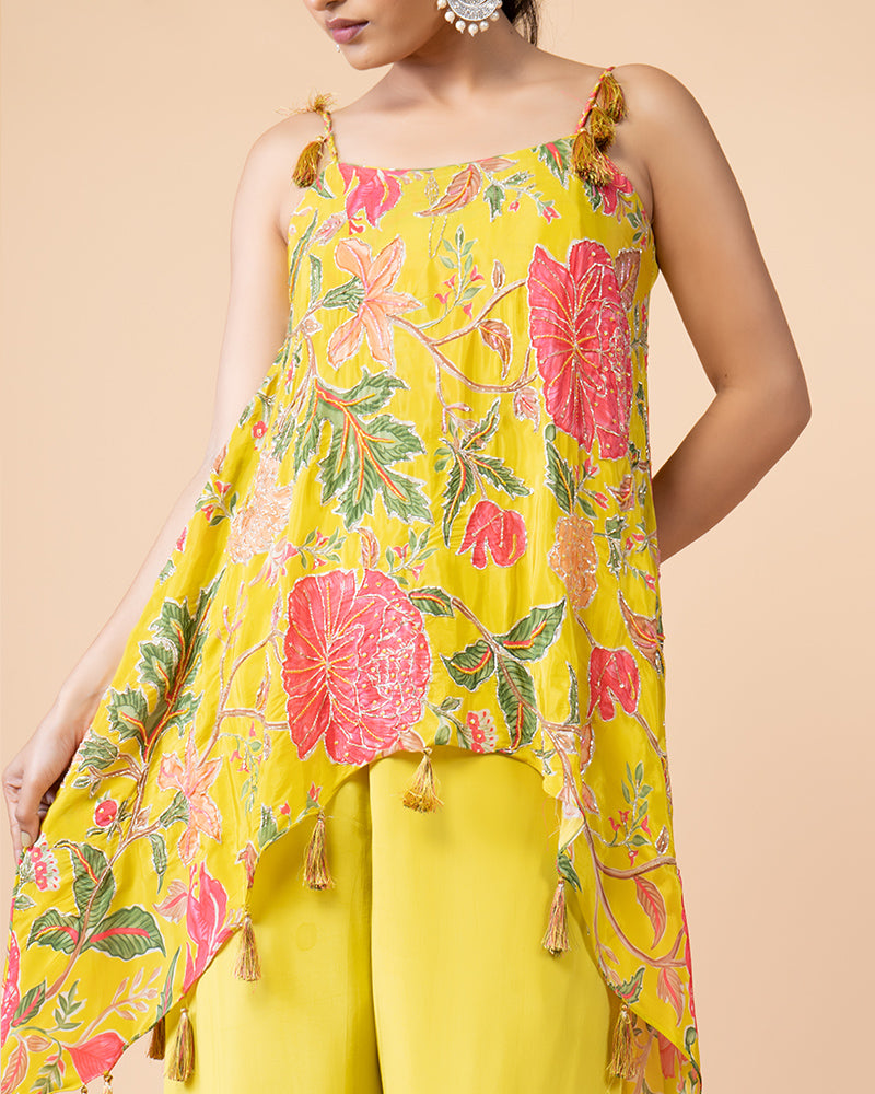 Yellow Draped Palazzo with Printed Plum Top