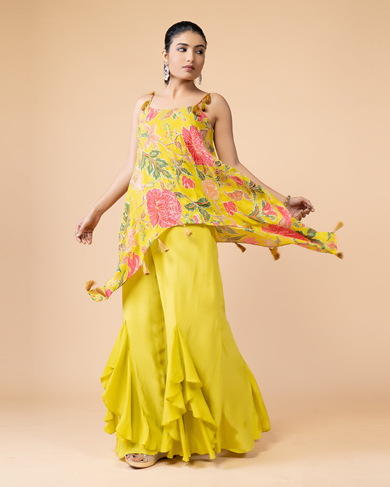 Yellow Draped Palazzo with Printed Plum Top