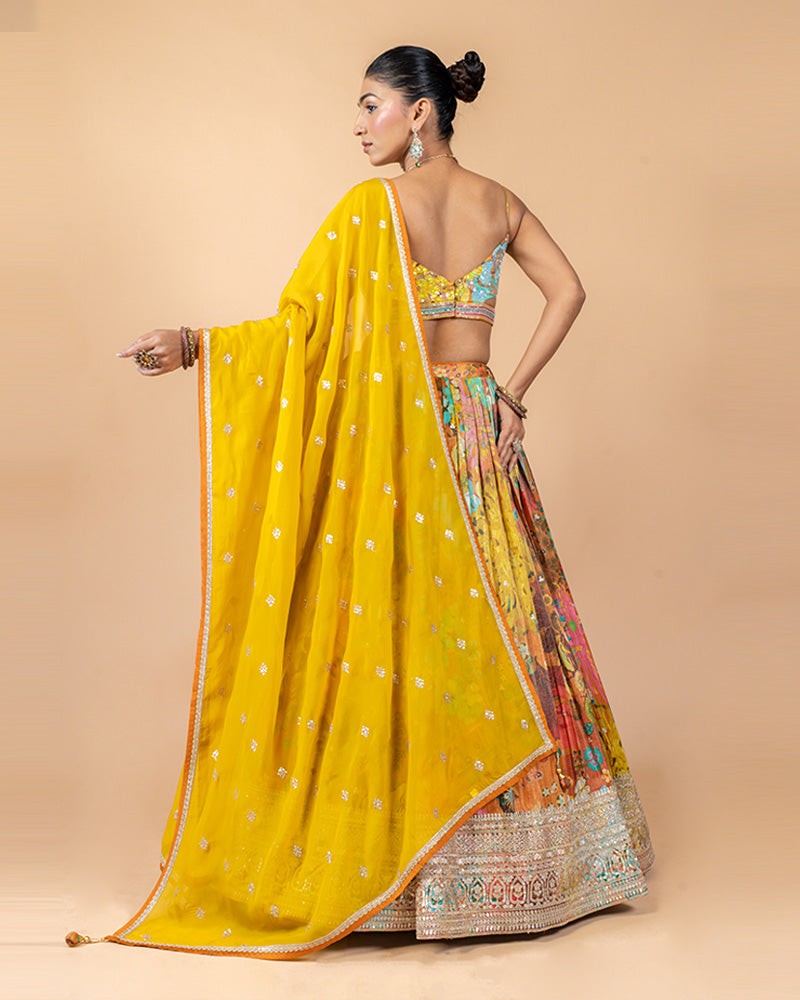 Yellow Georgette Lehenga Choli with Digital Print and Net Dupatta